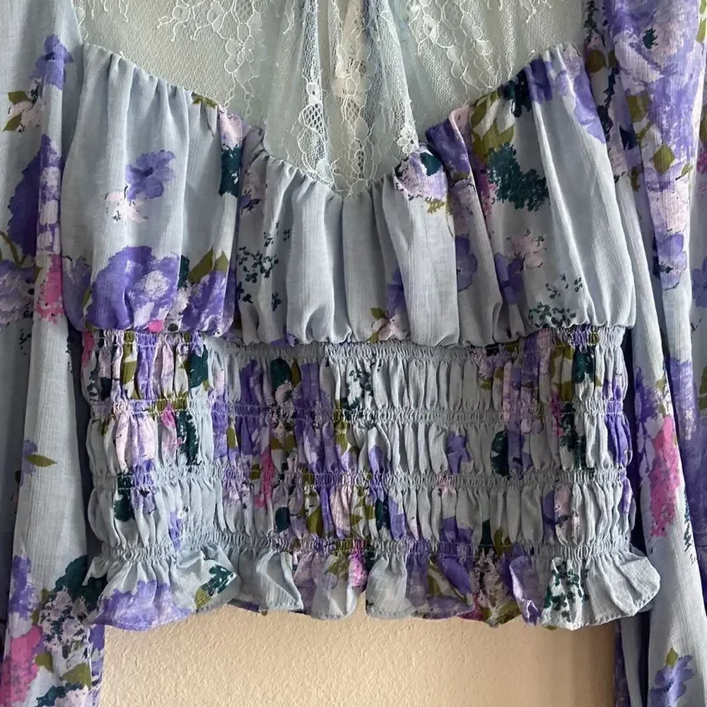 Free People Daphne Blouse in Silver Blue Combo NWT Sz S